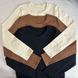 OQQ 3 pack Women’s Long Sleeve Crewneck Tops L Black Coffee Beige
